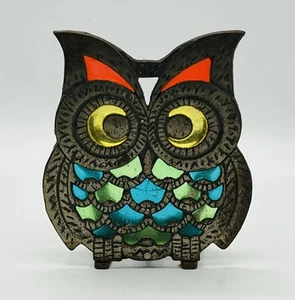 Vintage MCM 60s Cast Iron Stained Glass Owl Napkin Holder Hollywood Americana - Picture 1 of 5