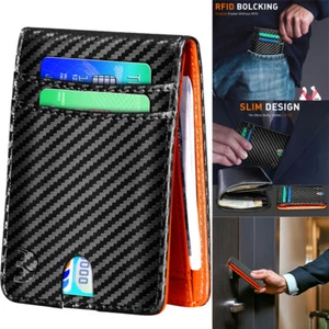 Carbon Fiber Wallet RFID Blocking Clip Money Slim Credit Card Holder Leather Men - Picture 1 of 46