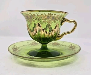 Antique Bohemian Moser Green Footed Glass Teacup & Saucer Gold Gilt 19th C. - Picture 1 of 21