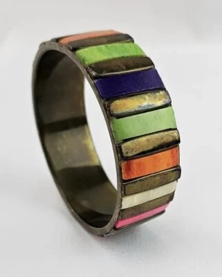 Colorful Vintage Bone & Brass Bangle Bracelet – 1970s Bohemian Chic – 2 3/4" - Image 1 of 4