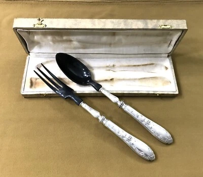 couvert à salade SFAM modèle CHRYSANTHEME métal argenté Cuillère Fourchette 29cm - Photo 1/4