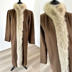 Vintage 60s Brown Wool Fox Fur Trim Long Coat Size 8  - Picture 1 of 17
