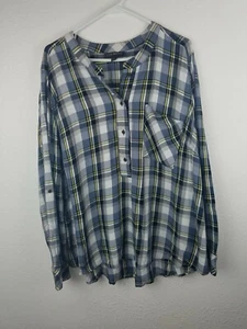 Lane Bryant Plaid Tunic Top Size Womens SZ24 Blue Gray Popover Tab Sleeves A16 - Picture 1 of 4
