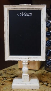 DISTRESSED WHITE WOOD CHALK BOARD MENU STAND - Picture 1 of 2
