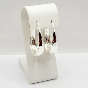 Modern Large Oval Lightly Hammered Very Shiny Silver Tone Pierced Hoop Earrings - Picture 1 of 22