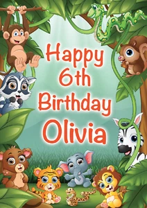 LARGE KIDS Animals Jungle Zoo BIRTHDAY POSTER BANNER PERSONALISED ANY NAME TEXT - Picture 1 of 1