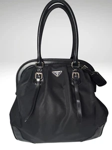 PRADA TESSUTO BLACK NYLON LEATHER TRIMMED LARGE FRAMED SHOULDER BAG - Picture 1 of 14