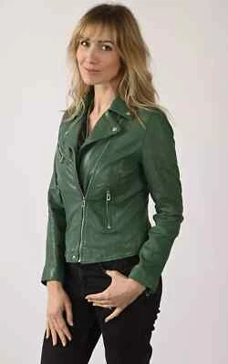 Chaqueta de cuero verde piel de cordero genuina motocicleta motociclista elegante hecha a mano para mujer Foto 1 de 4