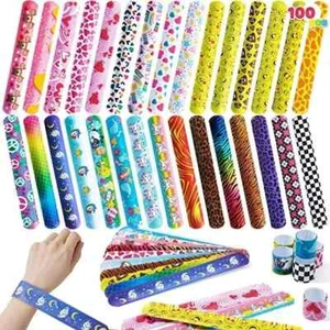 100 Pcs Slap Bracelets – 30 Fun Designs for Kids Party Favors & Classroom Prizes - Picture 1 of 7