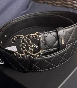 CHANEL NEW QUILTED BLACK LEATHER BELT WITH CC LOGO GOLD BUCKLE Sz 90 - Picture 1 of 14