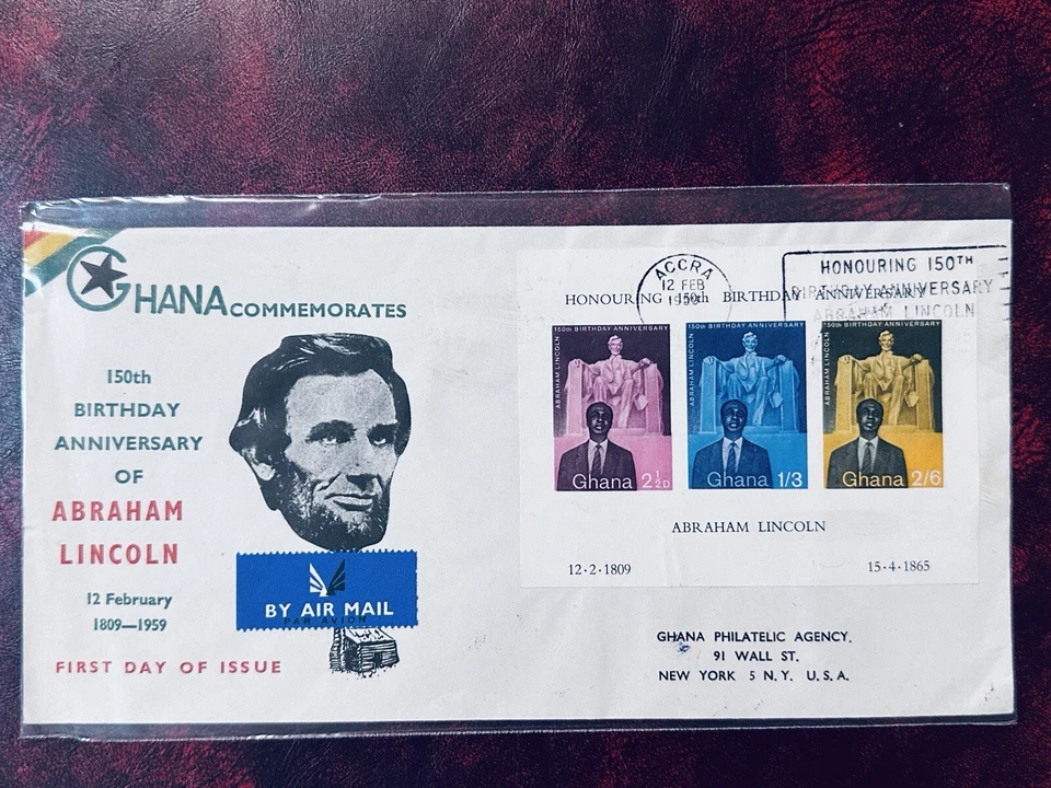 Ghana FDC 1959 150TH BIRTHDAY ANNIV OF ABRAHAM LINCOLN ACCRA POSTMARK MINISHEET - Image 1 of 2