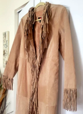 Rare  GALLERY Long Leather Tan Brown Beige Suede Jacket with Fringe sz Large - Image 1 of 4