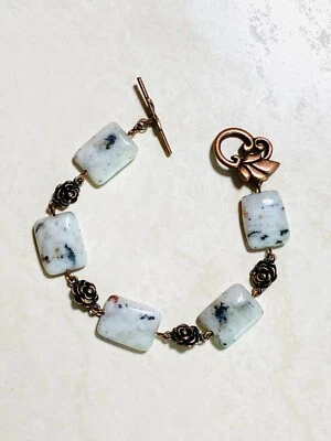 Pulsera de ágata dendrítica natural blanca (piedra preciosa genuina) + rosa cobre Foto 1 de 4