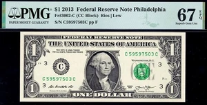 2013 $1 Philadelphia Federal Reserve Note FRN • FR 3002-C • PMG 67 EPQ *Scarce* - Picture 1 of 2