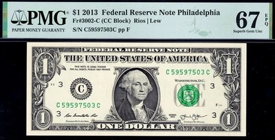 2013 $1 Philadelphia Federal Reserve Note FRN • FR 3002-C • PMG 67 EPQ *Scarce* - Image 1 of 2