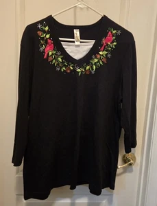 Decorated Originals 2XL Black Mid Sleeve Pull Over Top Embordered Cardinal Holly - Picture 1 of 4