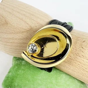 Vintage Renee Nicol quartz watch gold rhinestone diamond and black band working - Picture 1 of 12
