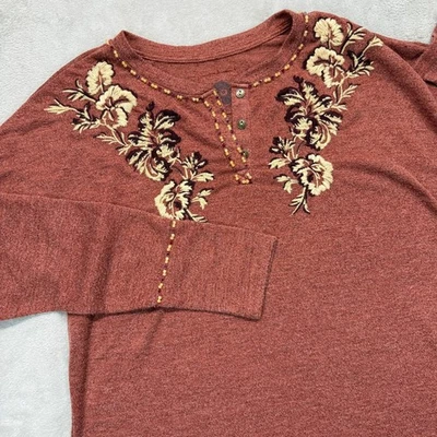 Double D Ranch 衬衫女式大号长伊迪丝刺绣亨利束腰外衣锈红色 — 第 1/4 张图片