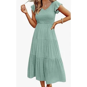 #3NWT Merokeety Light Green Midi Dress Smocked Top Flutter Sleeves Size Large - Picture 1 of 3