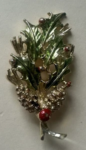 Broche prendedor vintage Gerry's hoja de acebo rojo esmalte de Navidad - Imagen 1 de 3