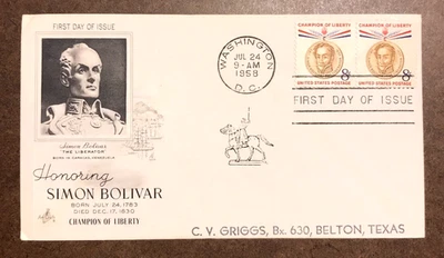 U.S. SIMON BOLIVAR  FDC SC# 1110-1111 ARTCRAFT CACHET NSA - Image 1 of 4