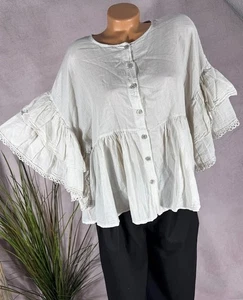 Volants Bluse reine Baumwolle Tunika Shirt Boho Stil One Size 38–42 CREME - Bild 1 von 6