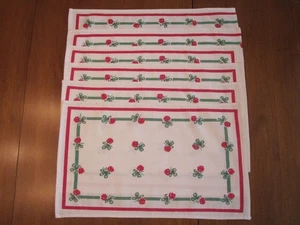 6 VINTAGE LINEN PLACEMATS FLOWERS & STRIPES WHITE, GREEN, RED - Picture 1 of 6