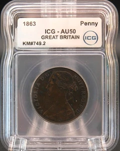 1863 GREAT BRITAIN 1 Cent Coin - PENNY ICG AU 50 (BT1095) - Picture 1 of 4