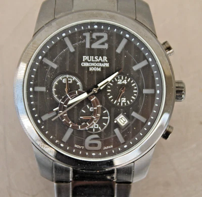 Pulsar VD53-X079 Chronograph Black Dial 100M Stainless Steel Mens Watch AS-IS #1 - Image 1 of 4