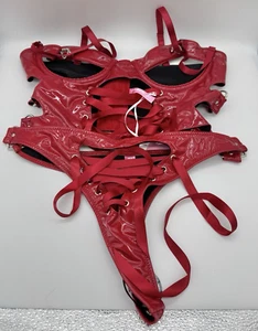 Dolls Kill 2 Piece Red PVC Leather Lingerie Set Corset Panties NEW Size M - Picture 1 of 7