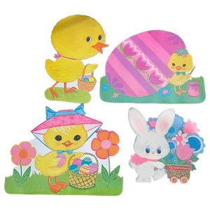 4 Vintage Easter Bunny Chicks Egg Spring Flower Die-Cut Paper Decoration 14" - Picture 1 of 4