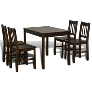 Kitchen Small Dining Table Set With 4 Chairs Dark Brown Lacquer Solid Pine Wood - Picture 1 of 7