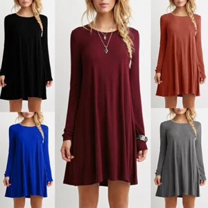 Damen Langarm Freizeit Baumwolle Skater Swing Kleid Locker Kurz Kleid Plus Größe - Bild 1 von 10