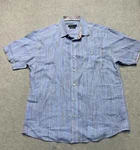 Bugatchi Linen Shirt Mens Large Blue Striped Shaped Fit Button Up Short Sleeve - Picture 1 of 8