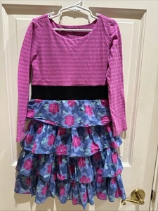 Garnet Hill Girl’s Size 8 Long Sleeve Striped & Floral Pink & Purple Dress - Picture 1 of 5