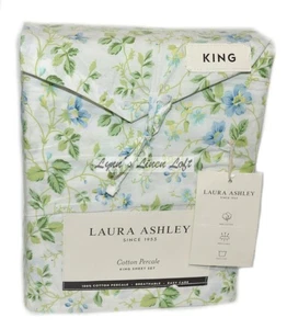 JUEGO DE SÁBANAS LAURA ASHLEY Spring Bloom Azul Verde KING 4P NUEVO ALGODÓN PERCAL - Imagen 1 de 6