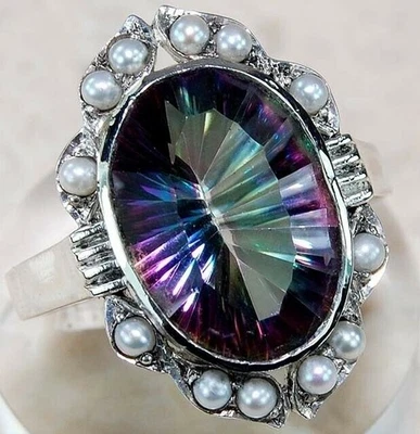 Филигранное кольцо из стерлингового серебра 925 пробы с радужным топазом и жемчугом 10 карат размер 6 F5-1 - Изображение 1 из 2