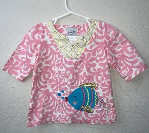 Mudpie Pink Patterned Tunic/Dress/Cover Up Fish Applieque Size 2T Gold Accents - Picture 1 of 6