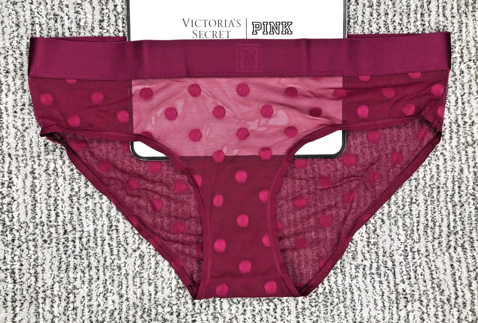 Panty Hiphugger VictoriasSecret Nuevo con Etiquetas Mediana Magenta Lunares Transparente Heritage Logo Foto 1 de 4