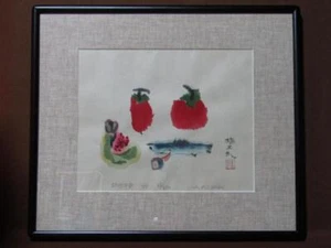 Umetaro Azechi - Persimonen und Trockenfische - handsignierter limitierter Holzschnitt - Bild 1 von 4