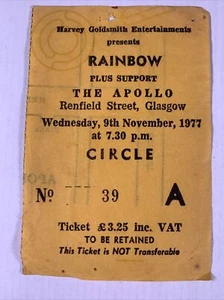 Rainbow Blackmore Dio Ticket Deep Purple Vintage Rising Tour Apollo Glasgow 1977 - Imagen 1 de 15