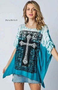 New VOCAL Womens CRYSTAL JADE TEAL CROSS DOLMAN LOOSE TIE DYE TUNIC SHIRT S M L - Picture 1 of 5