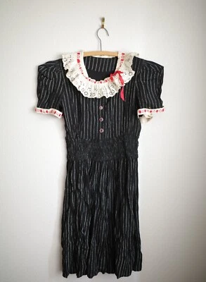 Antique 1910s Double Covered Size 2 Black Striped Prairie Dress Victorian Ruffle - Image 1 of 4