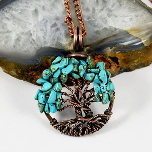 Türkis Kristalle Lebensbaum Halskette Antik Kupferdraht umwickelt Anhänger - Bild 1 von 3