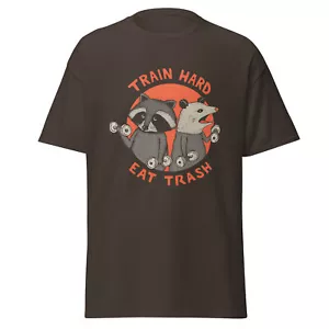 Train Hard Eat Trash Raccoon Weight Lift Exercise T-Shirt - Picture 1 of 7