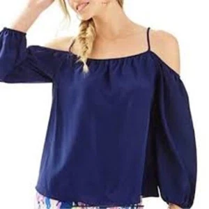 Lilly Pulitzer Womens Size Small Cold Shoulder Silk Blouse Navy Blue Long Sleeve - Picture 1 of 6