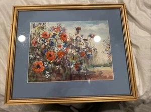 Red Poppy Flowers Original Vintage Watercolor Signed Gold Framed 15x18 - Picture 1 of 20