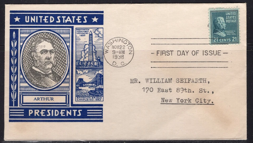 1938 Staehle First Day Cover - Presidential Series, 21 cents Arthur - Image 1 of 1