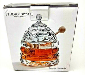 Godinger Studio Crystal Beehive Honey Jar Pot Jam Jelly Condiments Wood Dipper