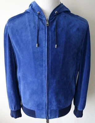$6245 Chaqueta Bomber BRIONI Azul Real Gamuza Perforada Con Capucha Talla 52 Euro 42 EE. UU. Foto 1 de 4
